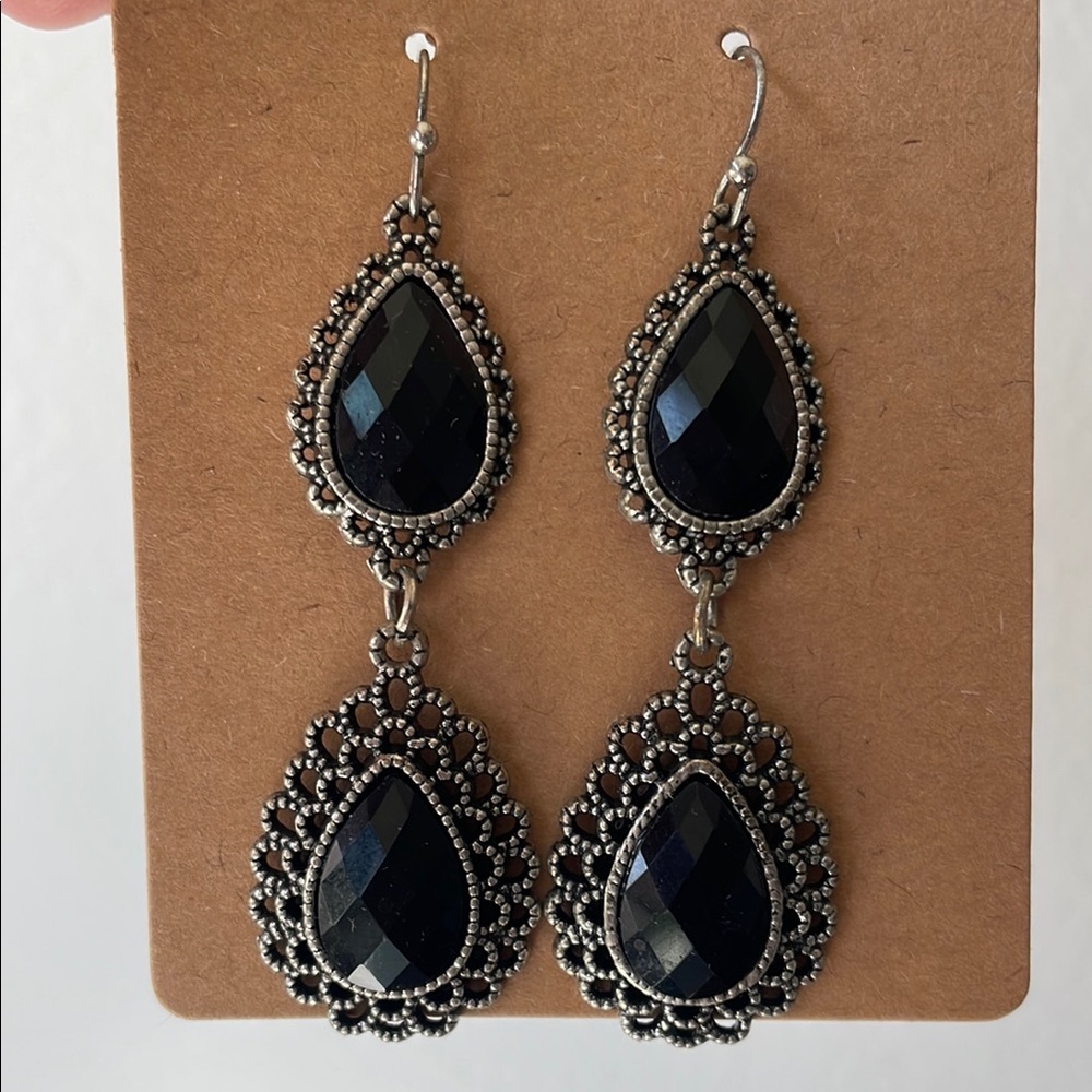 Black and Silver Teardrop Earrings with Intricate Metalwork - Picture 2 of 4